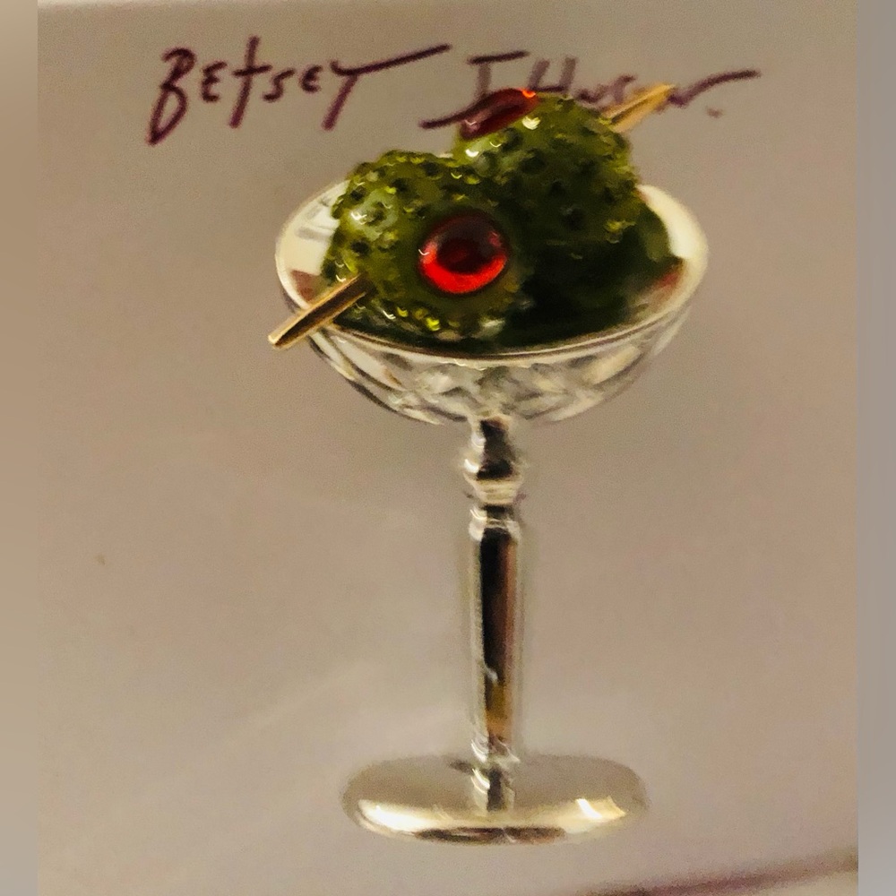 Authentic Betsey Johnson Green Olive Martini Brooch, Rhinestones, Enamel, NWT